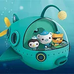 세 마리의 캐릭터가 파란색 잠수함을 타고 있는 모습