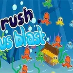 알록달록한 작은 문어들이 수중에 있는 나무 집 주변을 헤엄치고 있는 이미지