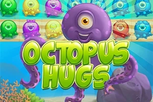 보라색 외눈문어와 Octopus Hugs라는 텍스트가 있는 다채로운 배경