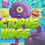 보라색 외눈문어와 Octopus Hugs라는 텍스트가 있는 다채로운 배경