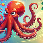 화려한 바다 배경에 큰 빨강 문어와 여러 가지 색의 작은 물고기들이 있는 이미지