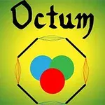 녹색 배경에 Octum이라는 글씨와 겹쳐진 빨강, 파랑, 초록색 원, 그리고 육각형 문양