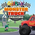 빨간 몬스터 트럭에 타고 있는 다양한 색상의 귀여운 캐릭터들