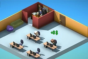 작업 공간에서 컴퓨터 앞에 앉아 있는 캐릭터들과 사무실 내 책상, 소파, 그리고 (+3$) 표시가 있는 장면