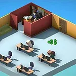 작업 공간에서 컴퓨터 앞에 앉아 있는 캐릭터들과 사무실 내 책상, 소파, 그리고 (+3$) 표시가 있는 장면