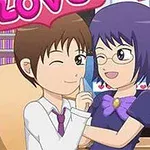 만화 스타일의 남녀가 사무실 배경에서 사랑스럽게 웃으며 포옹하고 있는 장면