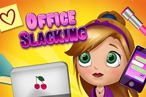 만화 스타일의 여성이 컴퓨터와 스마트폰을 사용하는 장면이 밝은 배경에 그려져 있으며, OFFICE SLACKING이라는 글자가 적혀 있다