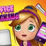 만화 스타일의 여성이 컴퓨터와 스마트폰을 사용하는 장면이 밝은 배경에 그려져 있으며, OFFICE SLACKING이라는 글자가 적혀 있다