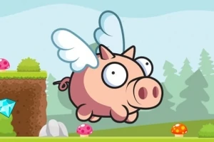 날개 달린 돼지가 숲 배경 앞을 날고 있는 모습