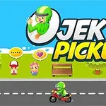 녹색 헬멧을 쓴 캐릭터가 빨간색 오토바이를 타고 도로를 달리고 있으며, 도로 옆에는 두 명의 캐릭터와 벤치가 있고 큰 글자가 배경에 있다