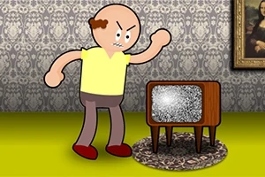 대머리 남성이 고장 난 TV 앞에서 화난 표정을 짓고 있는 장면