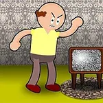 대머리 남성이 고장 난 TV 앞에서 화난 표정을 짓고 있는 장면