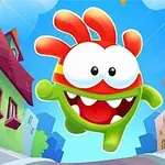 빨간색 머리 장식이 있는 초록색 캐릭터가 도시 거리에서 뛰고 있는 모습