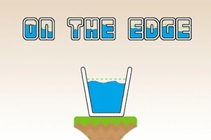 잔에 담긴 물이 잔 위에 ON THE EDGE 글자와 함께 작은 플랫폼 위에 놓여 있는 이미지