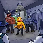 노랑 오리, 파란 고릴라, 갈색 멧돼지가 보안 요원들에게 쫓기는 장면