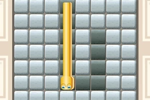 노란색 관 모양의 캐릭터가 눈을 뜨고 있는 모습과 회색 타일들이 격자로 배열된 화면