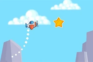 구름이 떠 있는 하늘 아래에서 작은 비행기가 노란 별을 향해 날아가고 있습니다