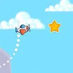 구름이 떠 있는 하늘 아래에서 작은 비행기가 노란 별을 향해 날아가고 있습니다