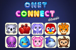 ONET CONNECT Classic라는 알록달록한 글자 아래에 다양한 동물 얼굴 아이콘들이 배열되어 있다