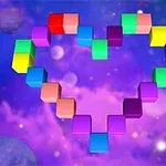 다양한 색상의 큐브로 이루어진 하트 모양이 보라색 우주 배경에 떠 있는 이미지