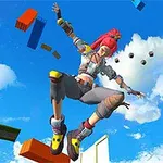 붉은 머리카락을 가진 캐릭터가 하늘에서 점프하며 공중에 떠 있는 장면