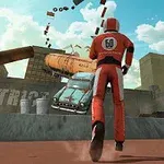 빨간색 레이싱 슈트를 입은 사람이 도시 환경에서 장애물 앞에 서 있는 모습