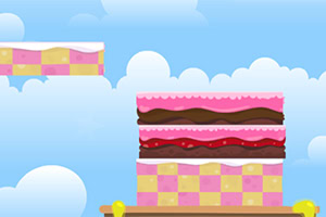 하늘 배경에 핑크색과 갈색 크림으로 층층이 쌓인 케이크가 있는 이미지