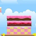 하늘 배경에 핑크색과 갈색 크림으로 층층이 쌓인 케이크가 있는 이미지