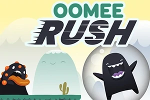 두 마리의 만화 캐릭터가 있는 배경 위에 OOMEE RUSH라는 글자가 있는 이미지