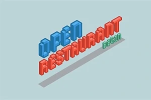파란색과 빨간색 3D 블록 글자로 OPEN RESTAURANT BEGIN이라고 쓰여진 이미지