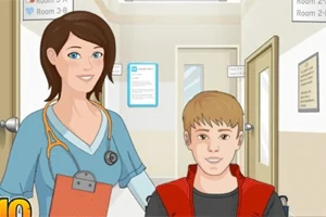 병원 복도를 배경으로 의료진이 휠체어에 앉은 소년을 밀고 가는 모습