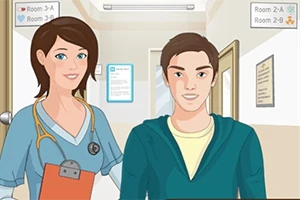 병원 복도를 배경으로 간호사와 젊은 남성이 함께 서 있는 모습