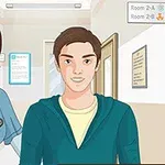 병원 복도를 배경으로 간호사와 젊은 남성이 함께 서 있는 모습