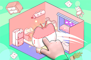 손가락이 고양이 모양의 귀여운 방 꾸미기 요소를 가리키고 있는 장면