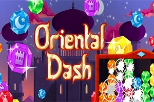 다양한 색상의 보석이 떠다니고 중앙에 Oriental Dash 글자가 있는 이미지