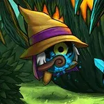 마법 모자를 쓴 캐릭터와 푸른 갑옷을 입은 다른 캐릭터가 숲 속에서 마주보고 있다