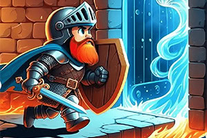 갑옷을 입고 방패와 검을 든 붉은 수염의 기사 캐릭터가 성문을 향해 달려가고 있다