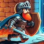 갑옷을 입고 방패와 검을 든 붉은 수염의 기사 캐릭터가 성문을 향해 달려가고 있다