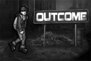 어두운 배경의 황폐한 거리에서 모자를 쓴 인물 옆에 OUTCOME라고 적힌 표지판이 있는 장면