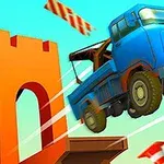 파란색 트럭이 오렌지색 아치 모양 구조물 옆에서 공중으로 점프하는 모습