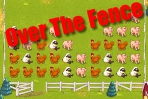 초록 배경에 가축들(양, 돼지, 닭)과 Over The Fence라는 빨간색 글자가 있는 이미지