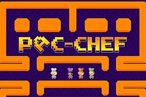 보라색 배경에 주황색 미로와 네 명의 요리사 캐릭터가 있는 픽셀 아트 스타일의 로고