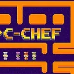 보라색 배경에 주황색 미로와 네 명의 요리사 캐릭터가 있는 픽셀 아트 스타일의 로고