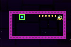 보라색 테두리의 사각형 안에 녹색과 파란색의 정사각형 아이콘과 노란색 동전들이 있는 이미지