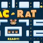 파란 미로 배경에 PAC RAT 텍스트와 쥐 아이콘이 있는 레트로 게임 스타일의 이미지
