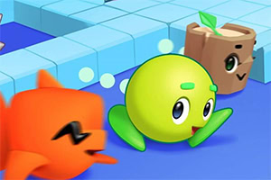 초록색 구체, 주황색 여우 모양의 캐릭터, 나무 상자 캐릭터가 파란 바닥 위를 이동하는 모습