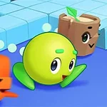 초록색 구체, 주황색 여우 모양의 캐릭터, 나무 상자 캐릭터가 파란 바닥 위를 이동하는 모습