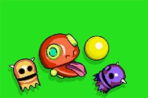 초록색 배경에 빨간 생물체와 노란 구, 두 개의 작은 도깨비 모양의 생물체가 있는 이미지