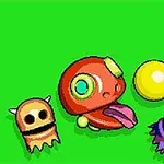 초록색 배경에 빨간 생물체와 노란 구, 두 개의 작은 도깨비 모양의 생물체가 있는 이미지