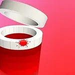 빨간색 배경에 흰색으로 덮개가 열려 있는 빨간 통과 작은 붉은 공이 보입니다